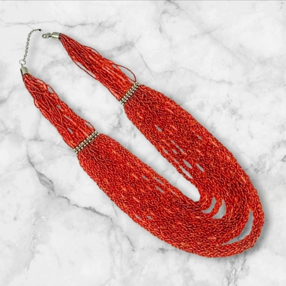 Multi-Strand Copper Seed Bead Silvertone 29" Necklace
